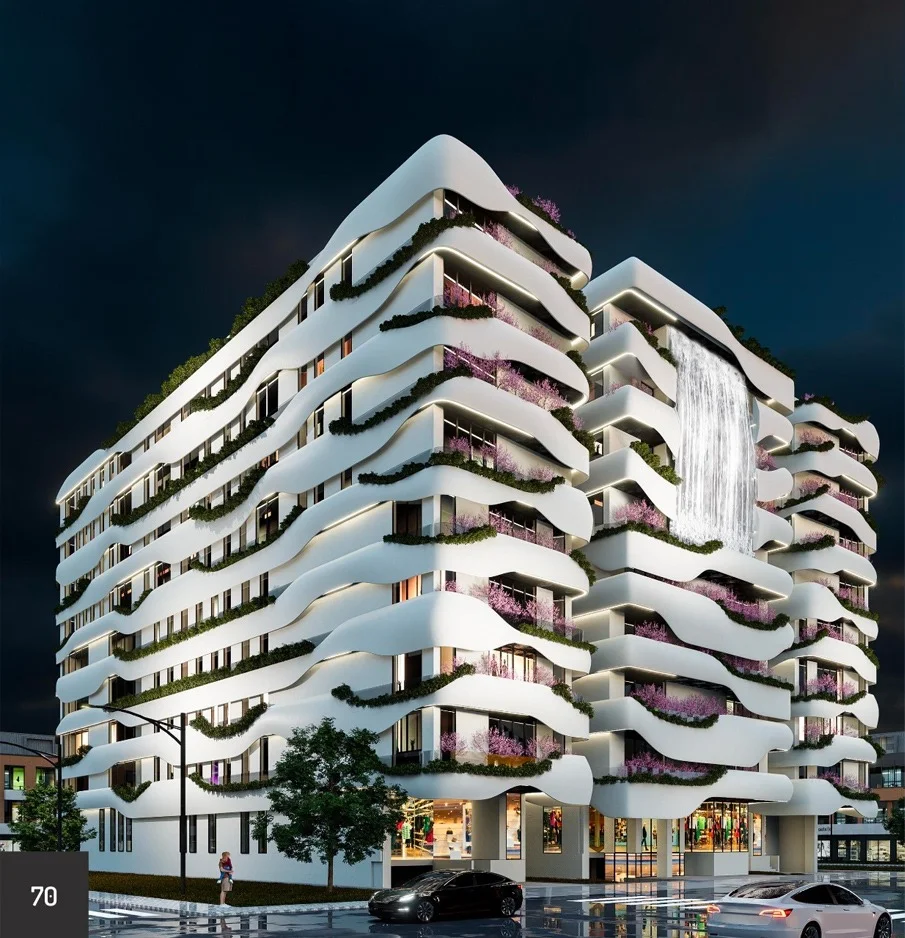 exterior shot of waterfall tower