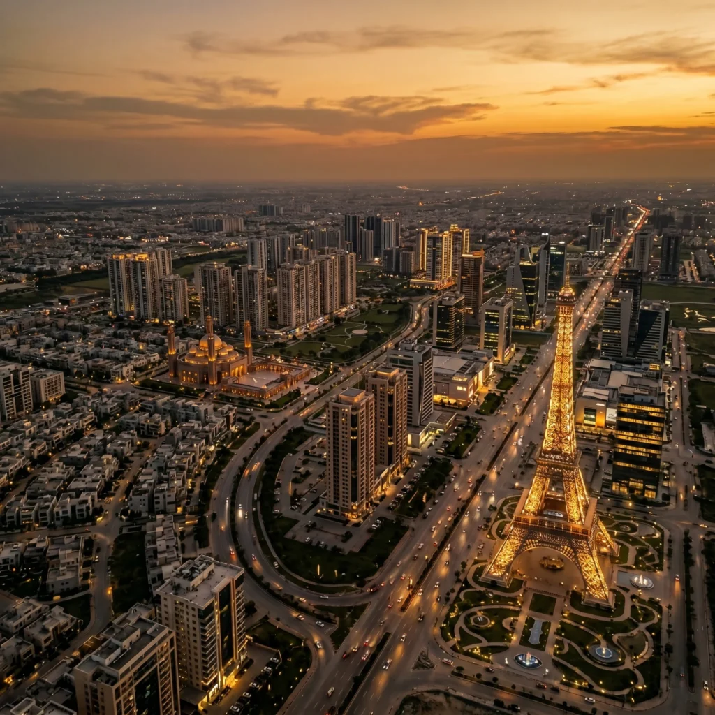Bahria town Lahore city skyline at dusk showing modern residential towers and property growth