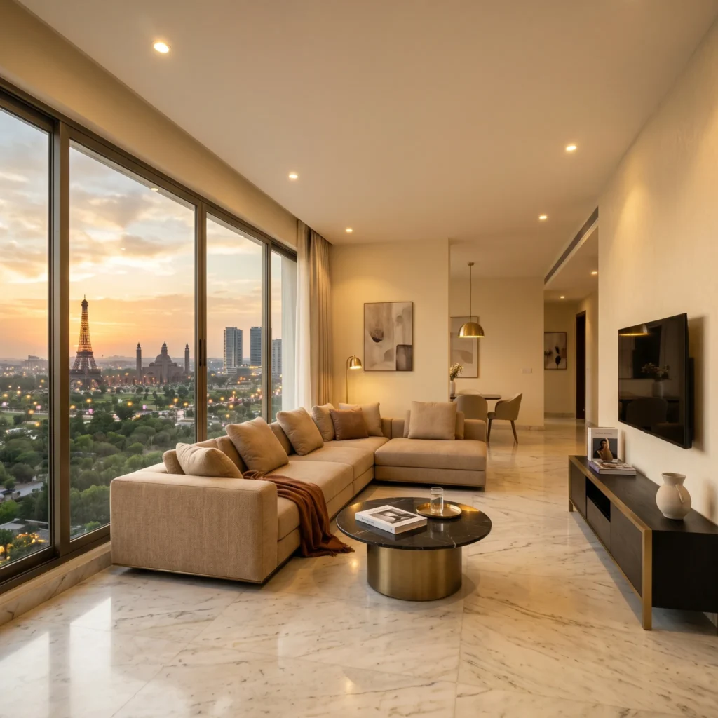 Modern apartment interior living room at Oasis Grand 14 Lahore with luxury finishes