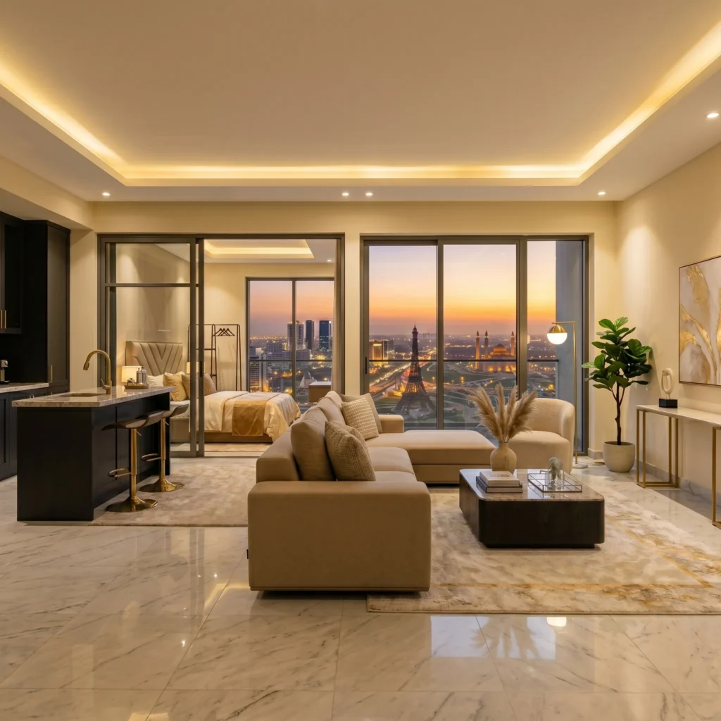 Modern apartment interior living room at Oasis Grand 14 Lahore with luxury finishes