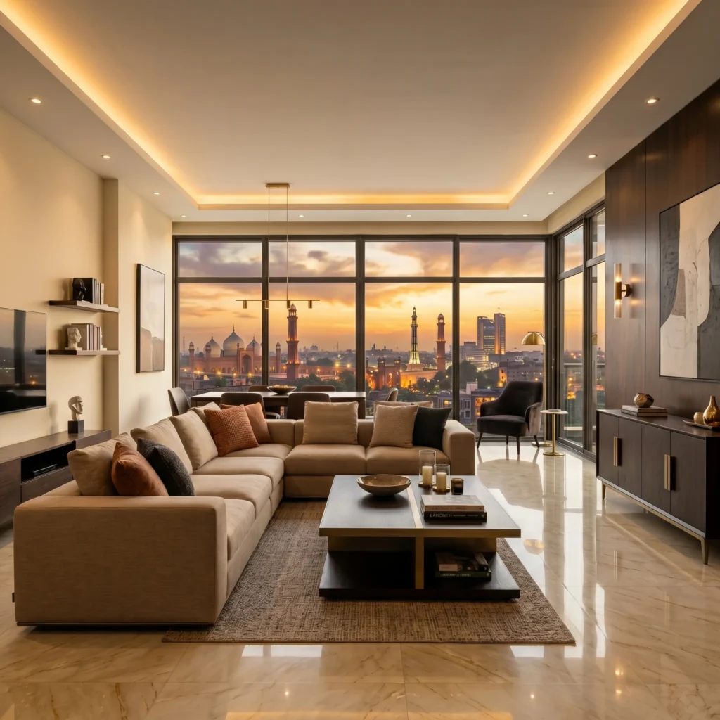 Modern apartment interior living room at Oasis Grand 14 Lahore with luxury finishes