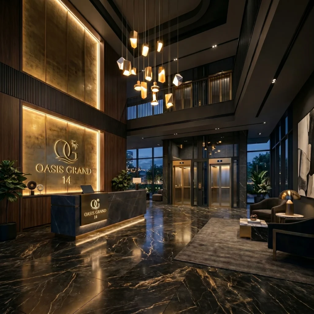 Grand lobby and entrance amenities inside Oasis Grand 14 Lahore residential tower